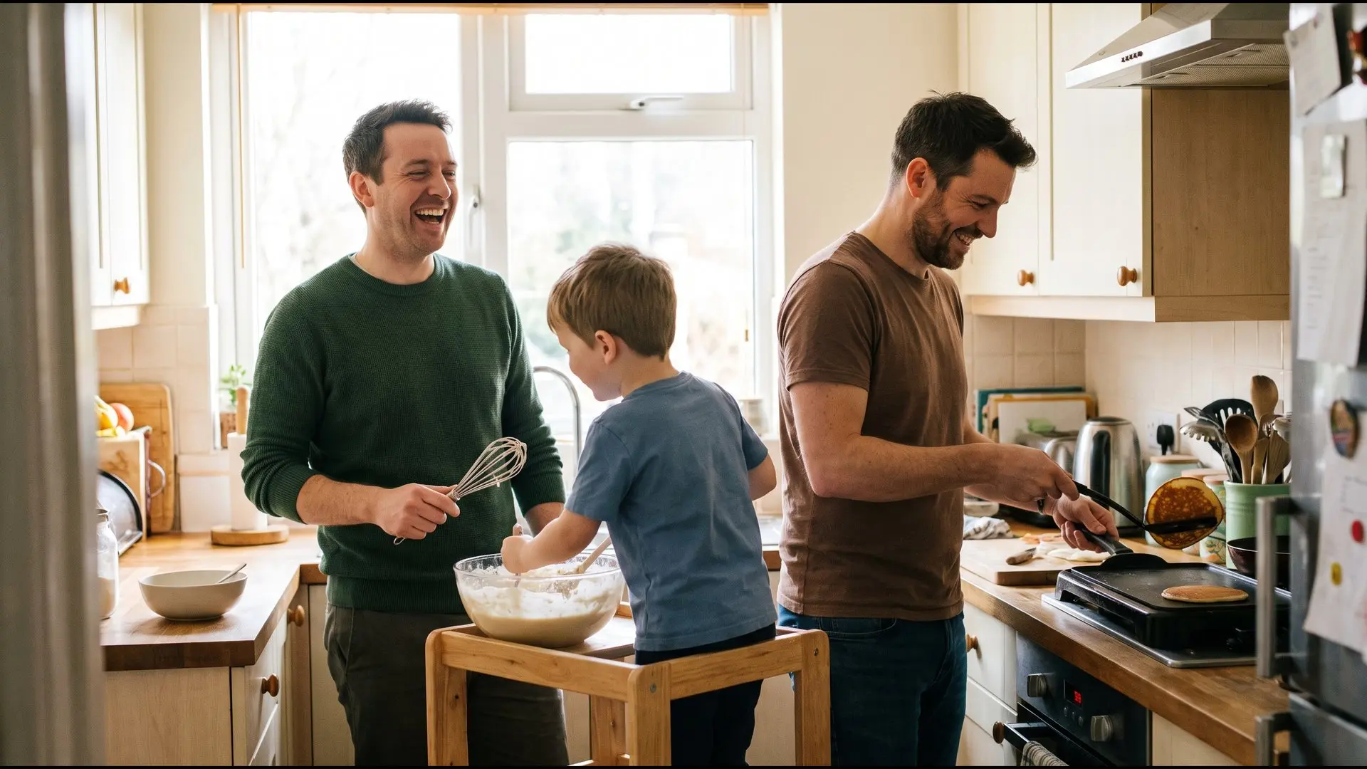 Two fathers making pancakes with their young son in a bright kitchen
